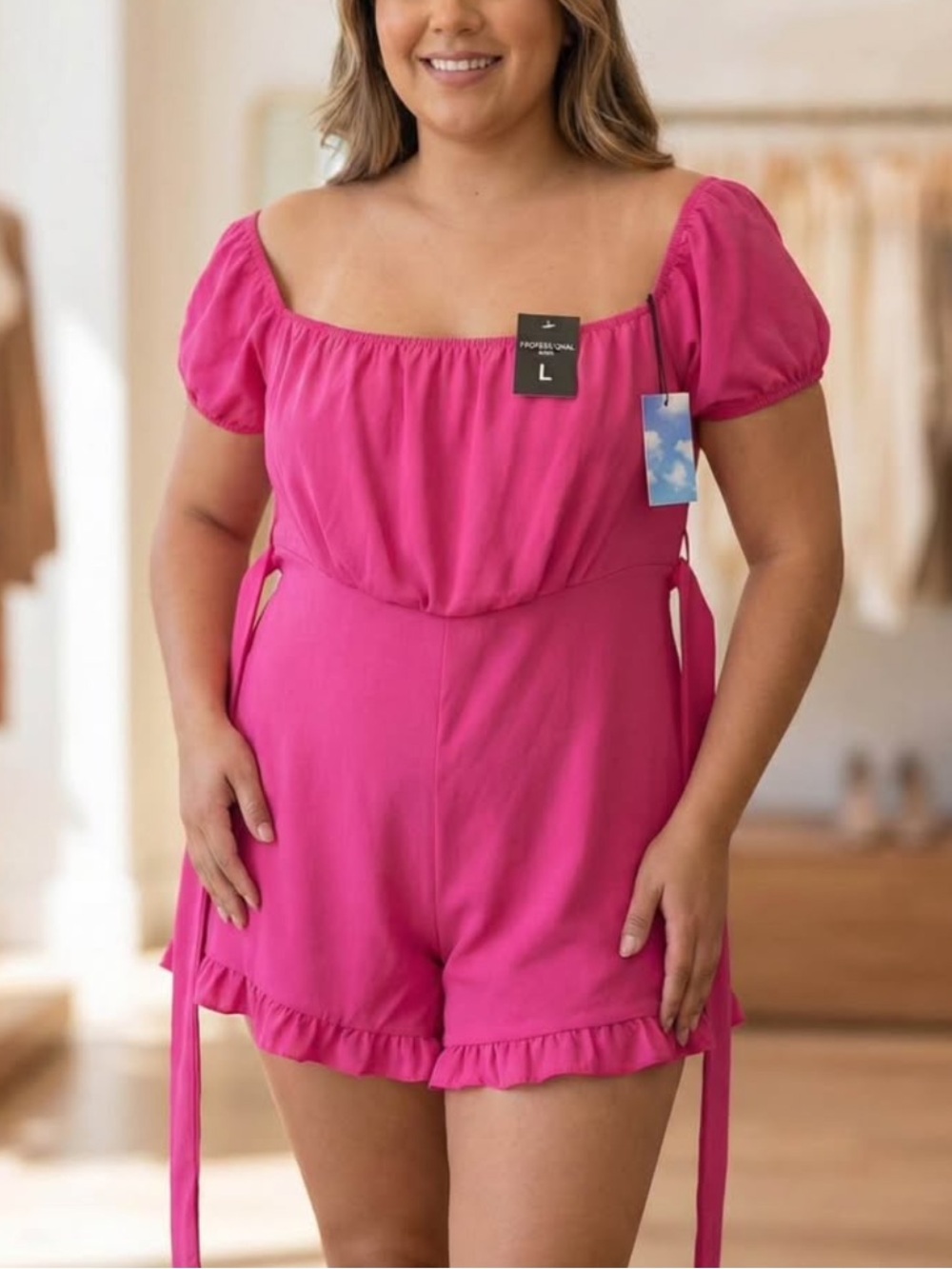 Pink Puff Sleeve Romper with Waist Ties - Women Pants & Jumpsuits